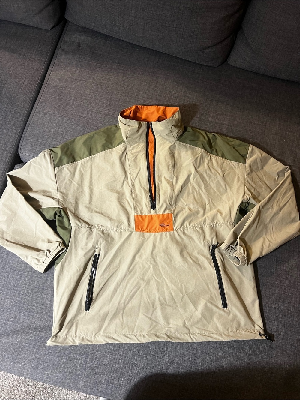 Zara Beige Windbreaker with Olive Shoulders & Orange Trim